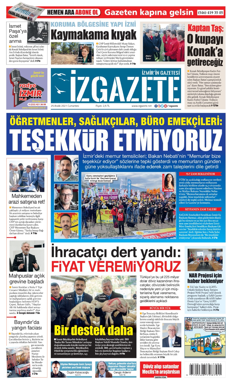 İz Gazete - İzmir'in Gazetesi - 25.12.2021 Manşeti