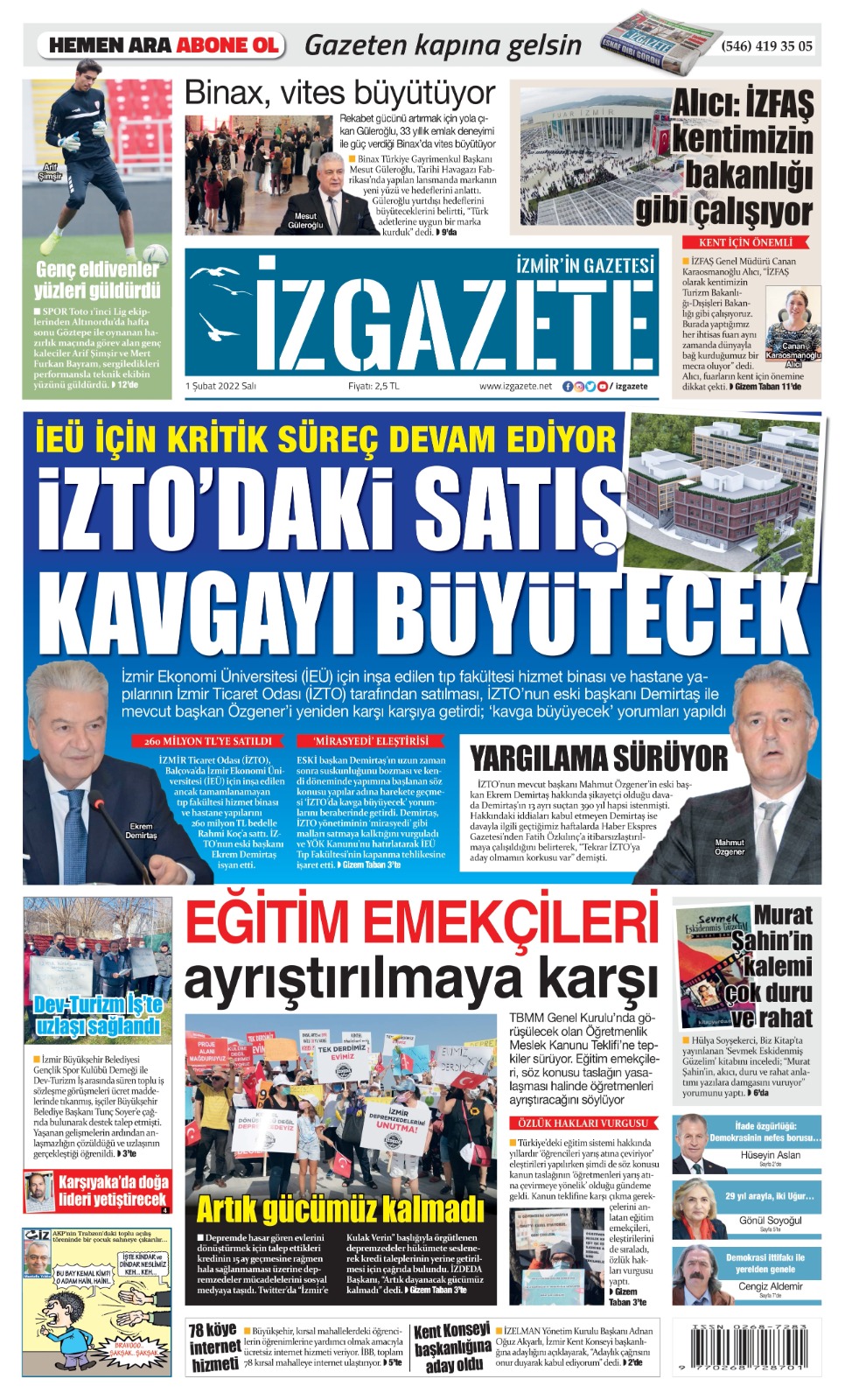 İz Gazete - İzmir'in Gazetesi - 01.02.2022 Manşeti