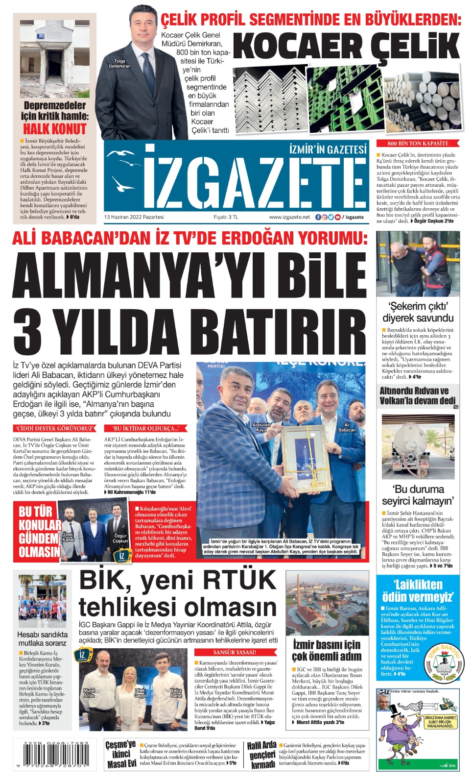 İz Gazete - İzmir'in Gazetesi - 13.06.2022 Manşeti