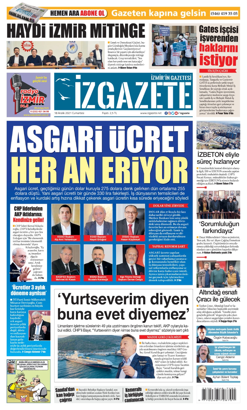 İz Gazete - İzmir'in Gazetesi - 18.12.2021 Manşeti