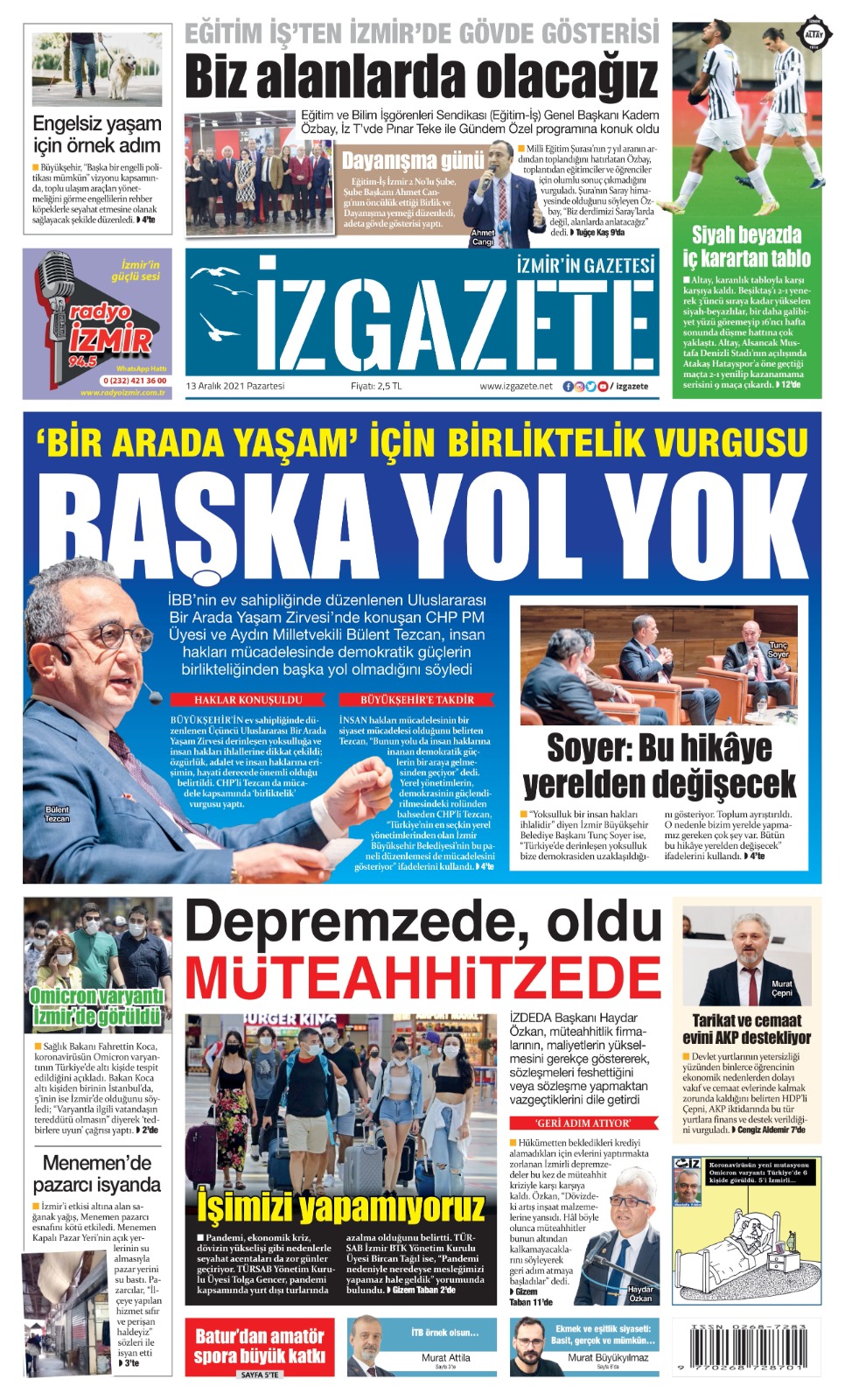 İz Gazete - İzmir'in Gazetesi - 13.12.2021 Manşeti