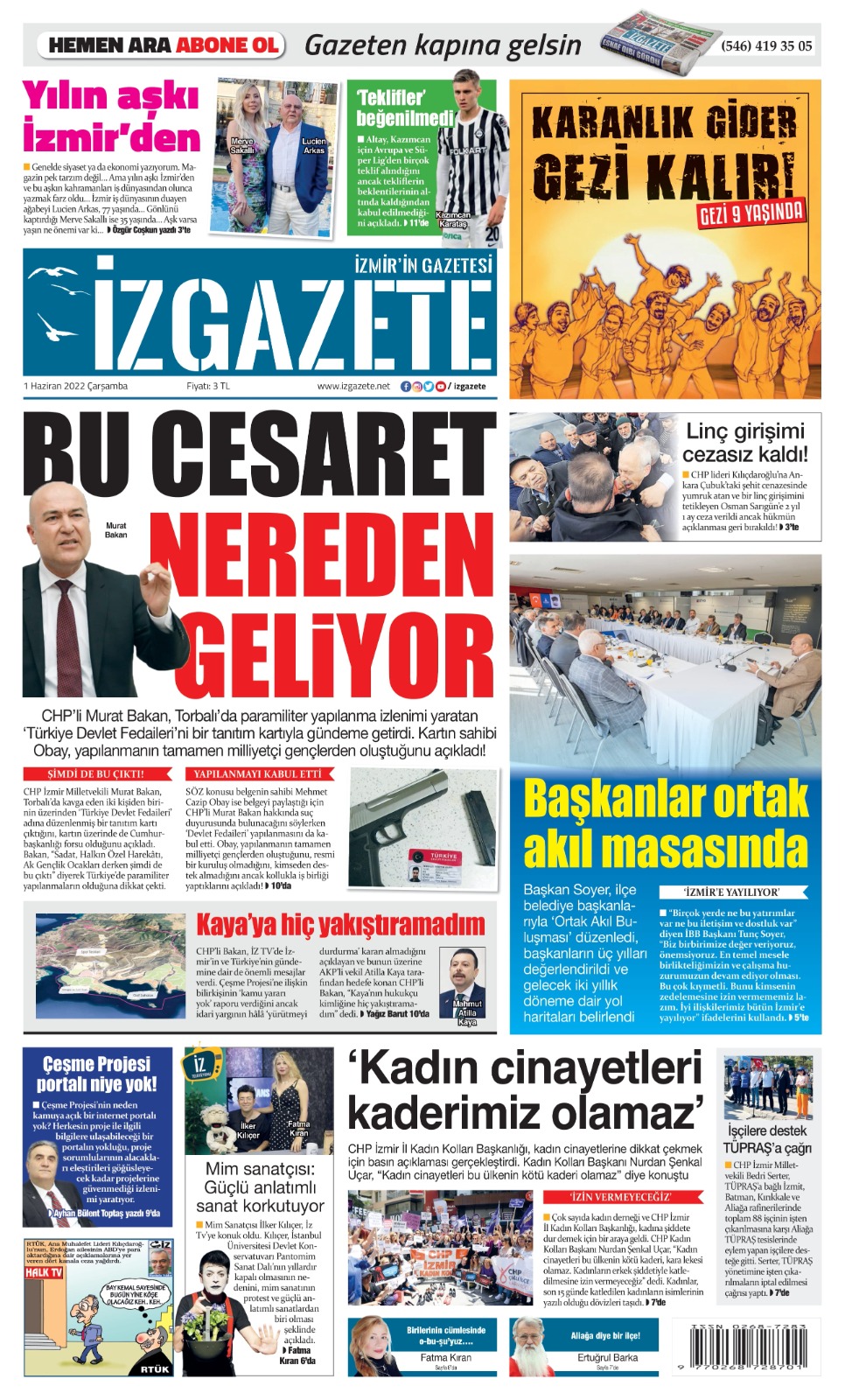 İz Gazete - İzmir'in Gazetesi - 01.06.2022 Manşeti