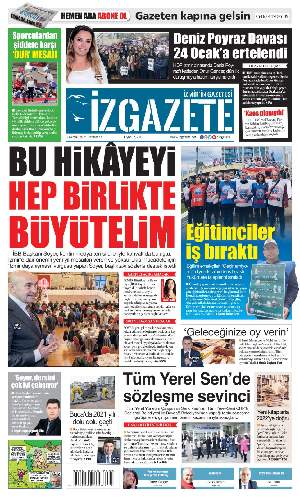 İz Gazete - İzmir'in Gazetesi - 30.12.2021 Manşeti