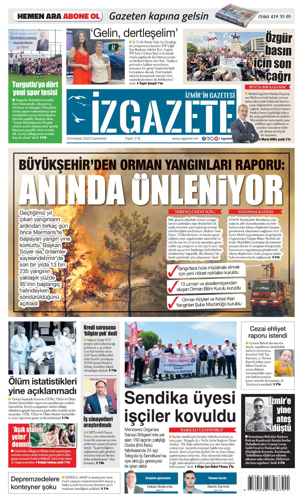 İz Gazete - İzmir'in Gazetesi - 25.06.2022 Manşeti