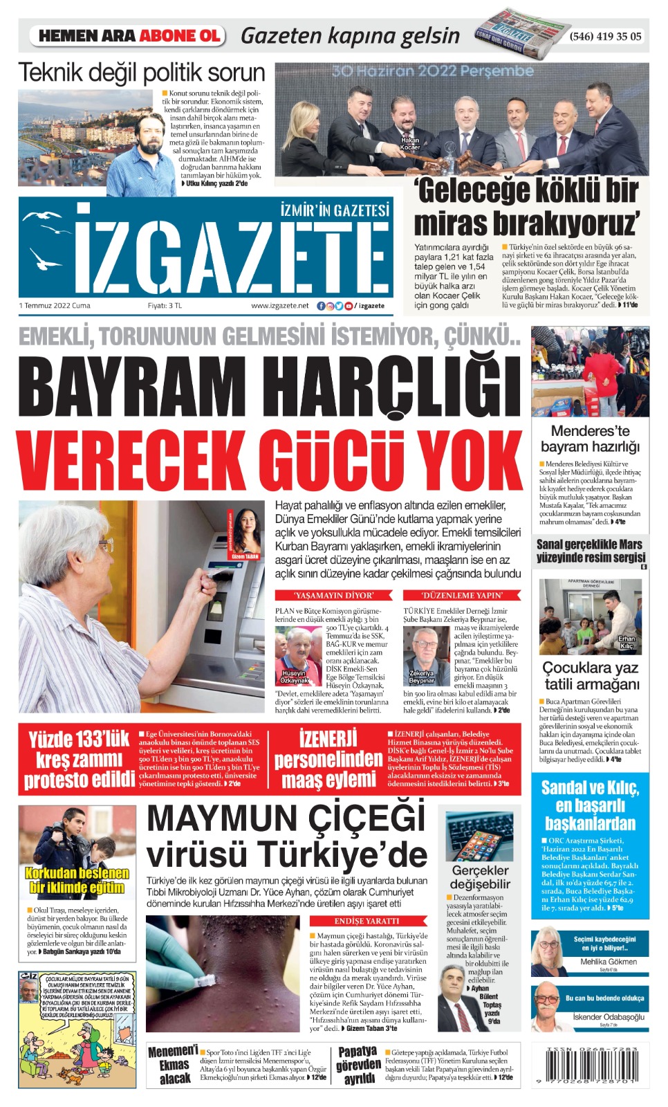 İz Gazete - İzmir'in Gazetesi - 01.07.2022 Manşeti
