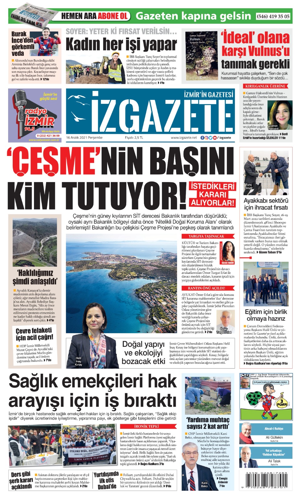 İz Gazete - İzmir'in Gazetesi - 16.12.2021 Manşeti