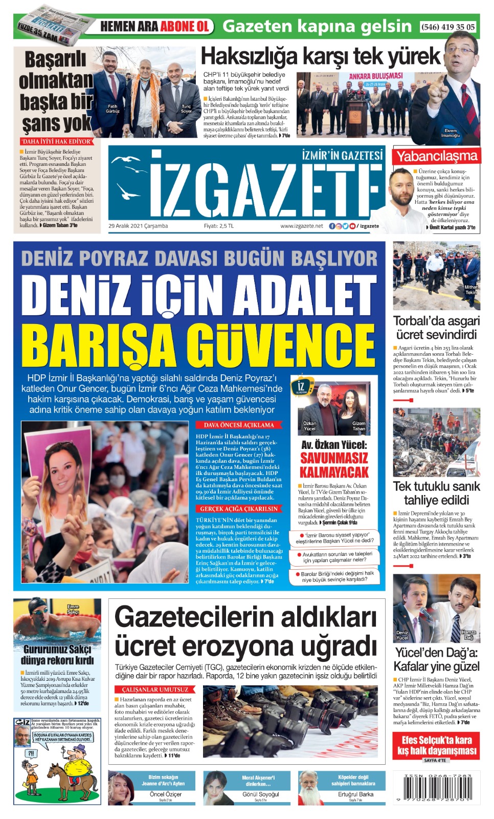 İz Gazete - İzmir'in Gazetesi - 29.12.2021 Manşeti