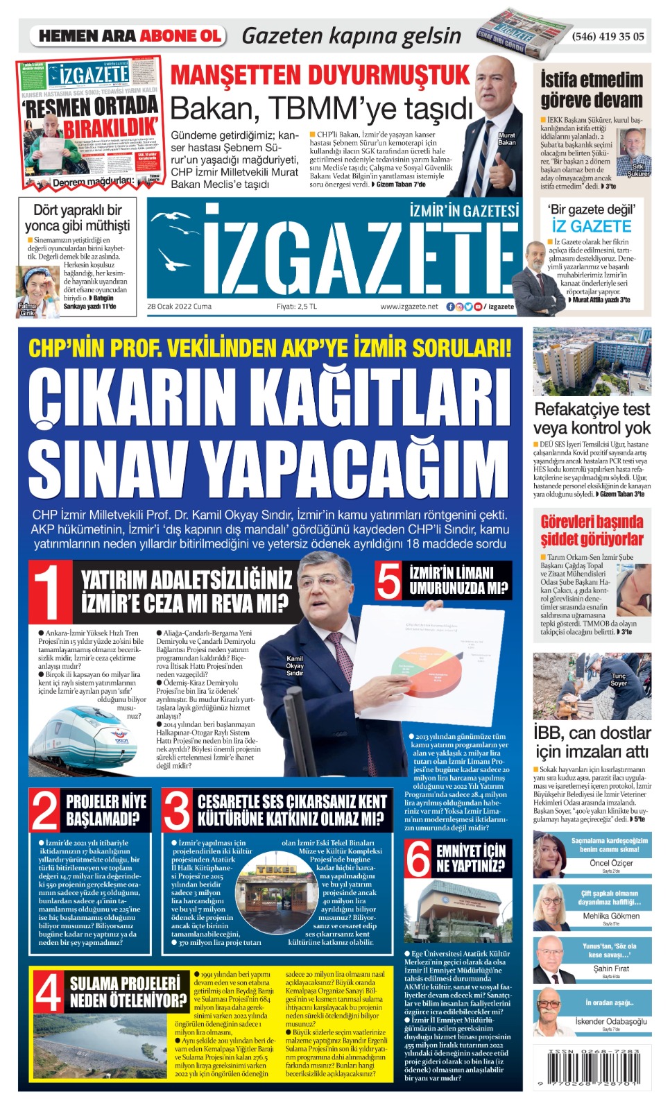 İz Gazete - İzmir'in Gazetesi - 28.01.2022 Manşeti