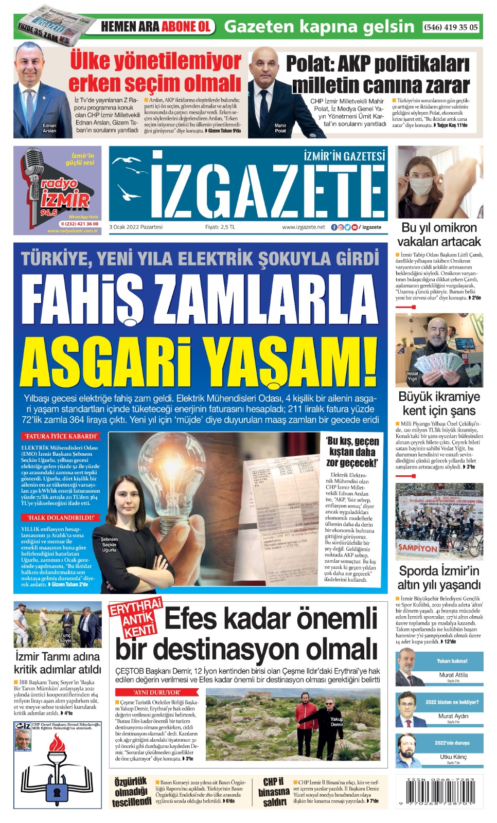 İz Gazete - İzmir'in Gazetesi - 03.01.2022 Manşeti