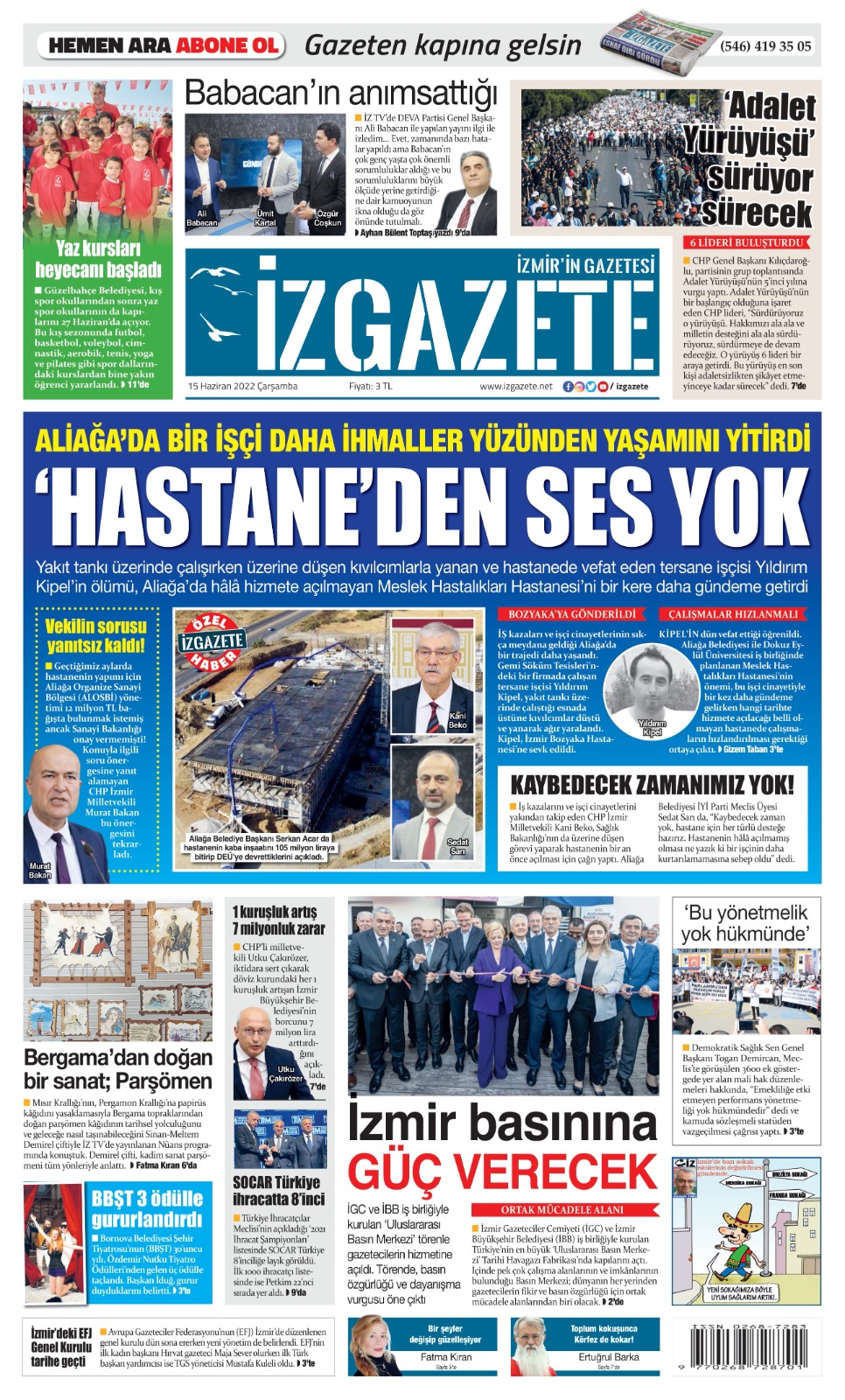 İz Gazete - İzmir'in Gazetesi - 15.06.2022 Manşeti