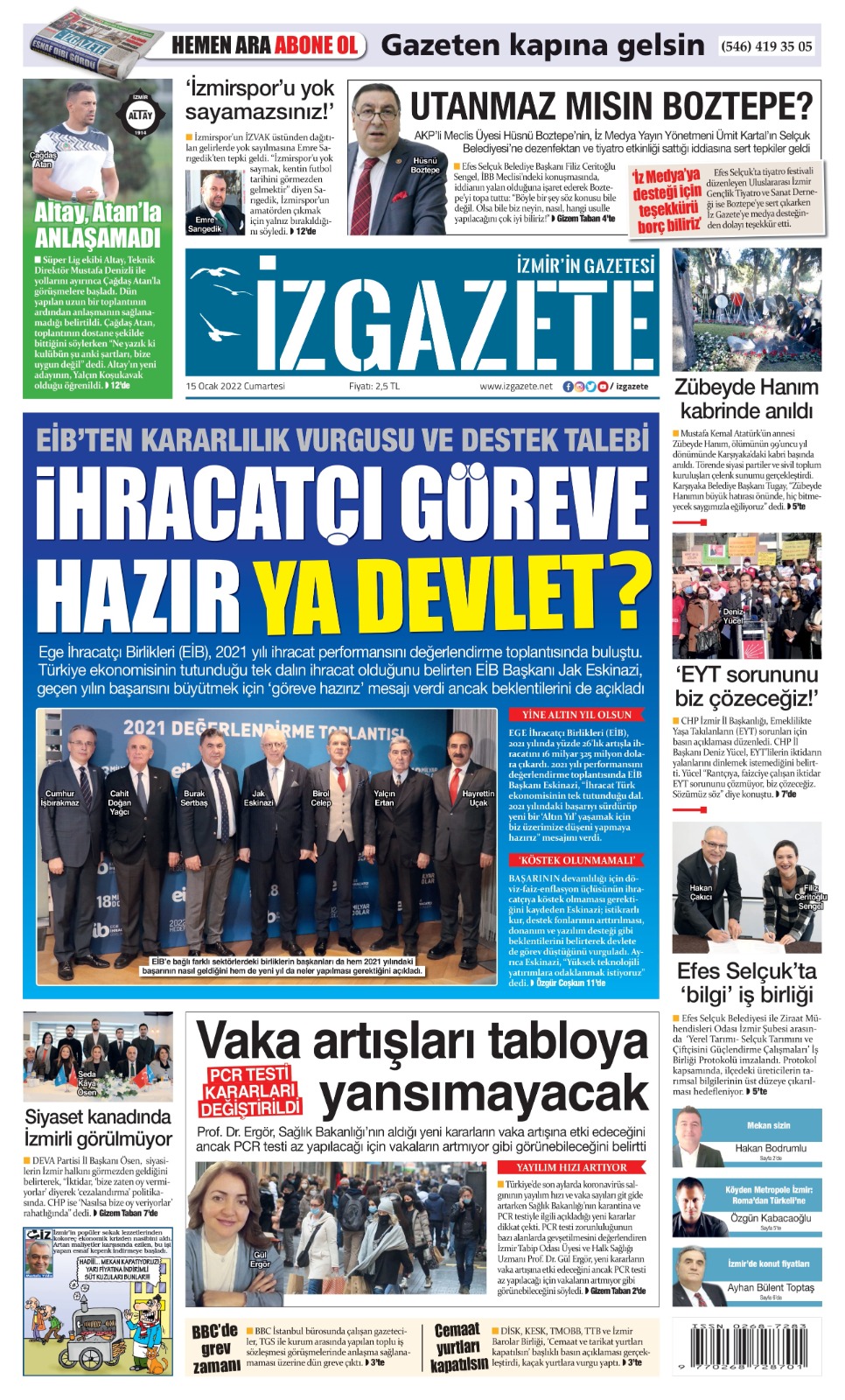 İz Gazete - İzmir'in Gazetesi - 15.01.2022 Manşeti