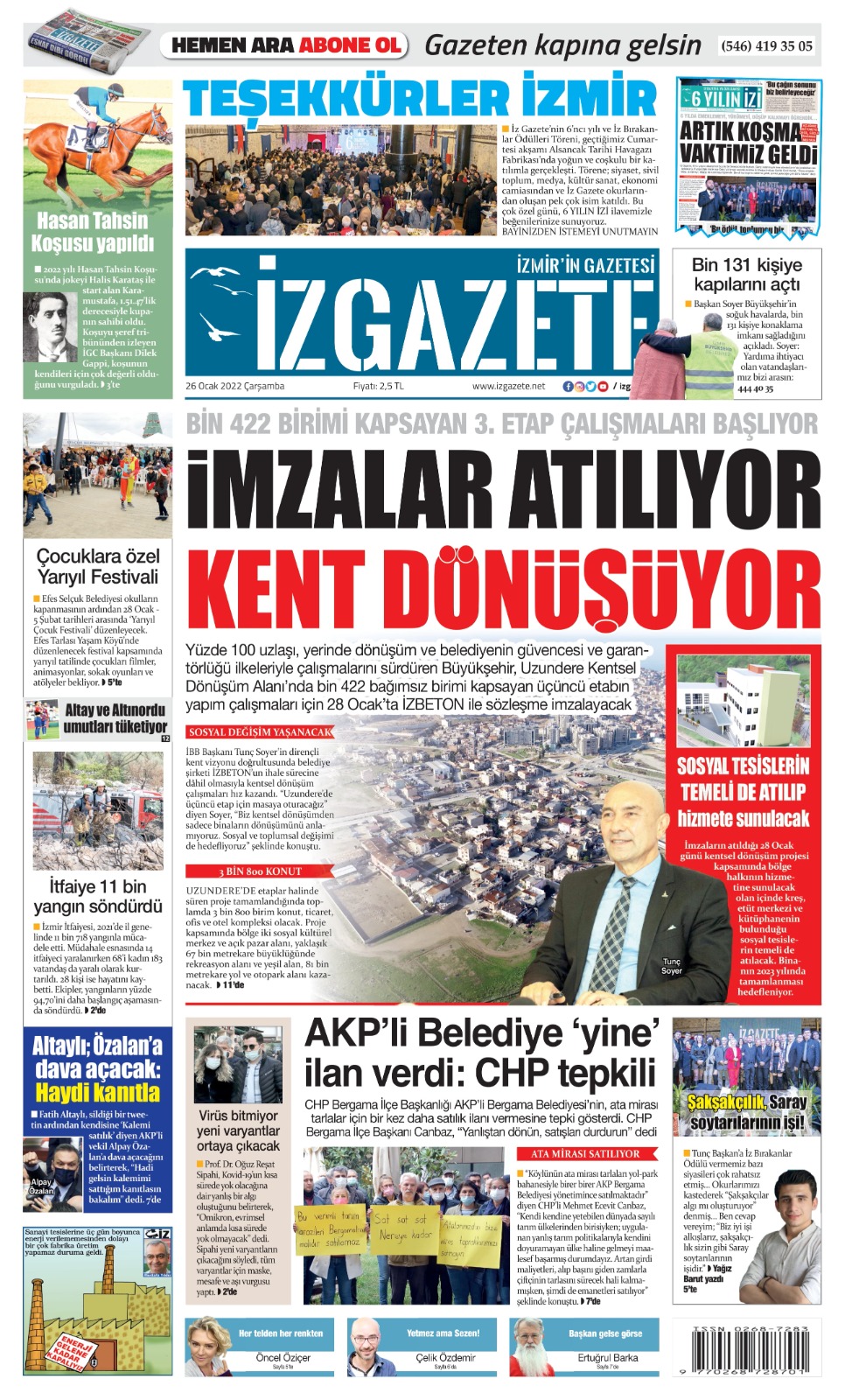İz Gazete - İzmir'in Gazetesi - 26.01.2022 Manşeti