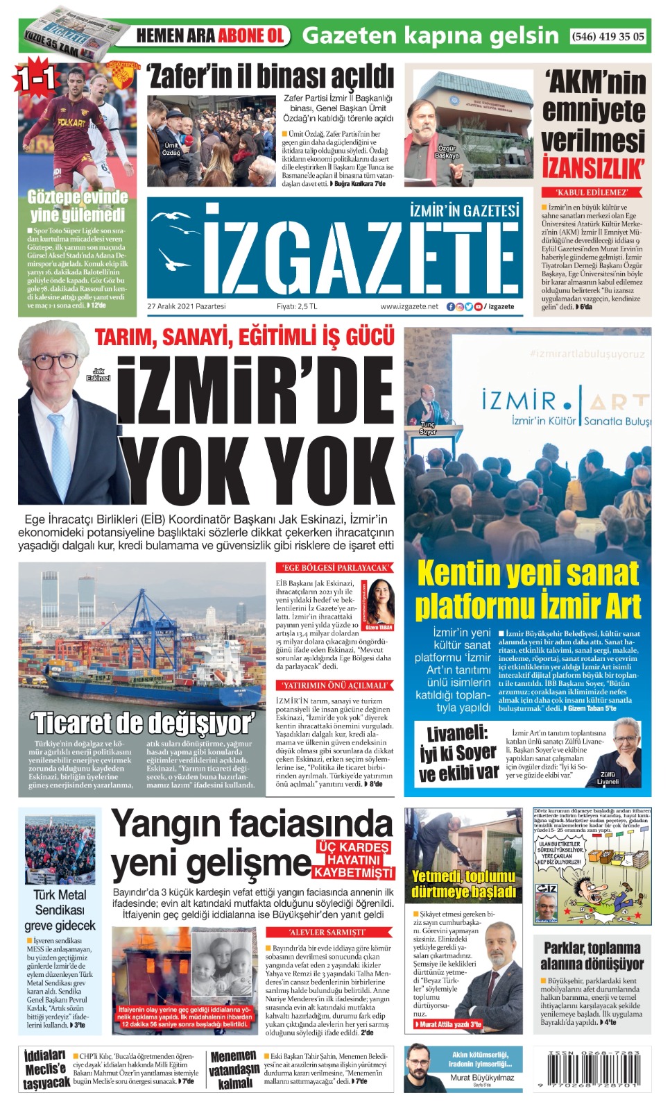 İz Gazete - İzmir'in Gazetesi - 27.12.2021 Manşeti