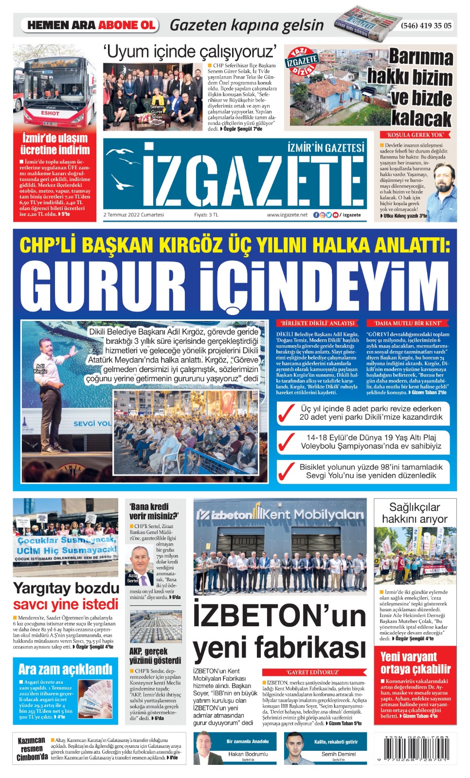İz Gazete - İzmir'in Gazetesi - 02.07.2022 Manşeti