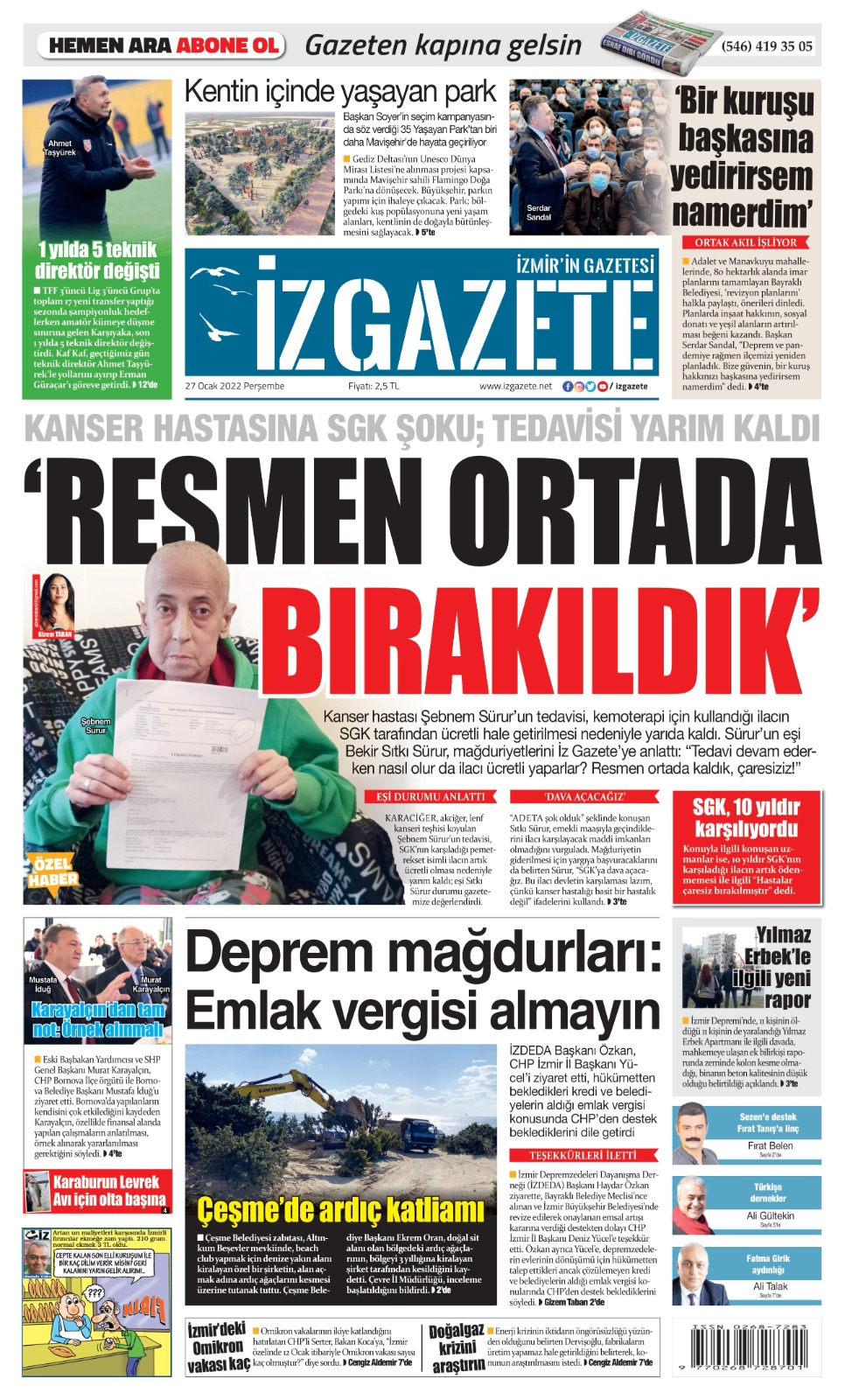 İz Gazete - İzmir'in Gazetesi - 27.01.2022 Manşeti