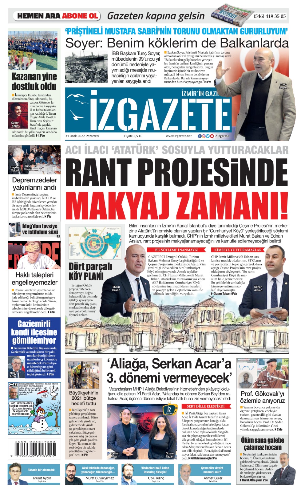 İz Gazete - İzmir'in Gazetesi - 31.01.2022 Manşeti