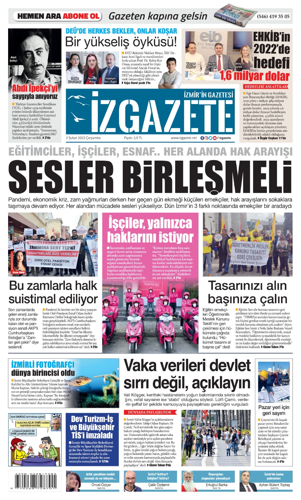 İz Gazete - İzmir'in Gazetesi - 02.02.2022 Manşeti