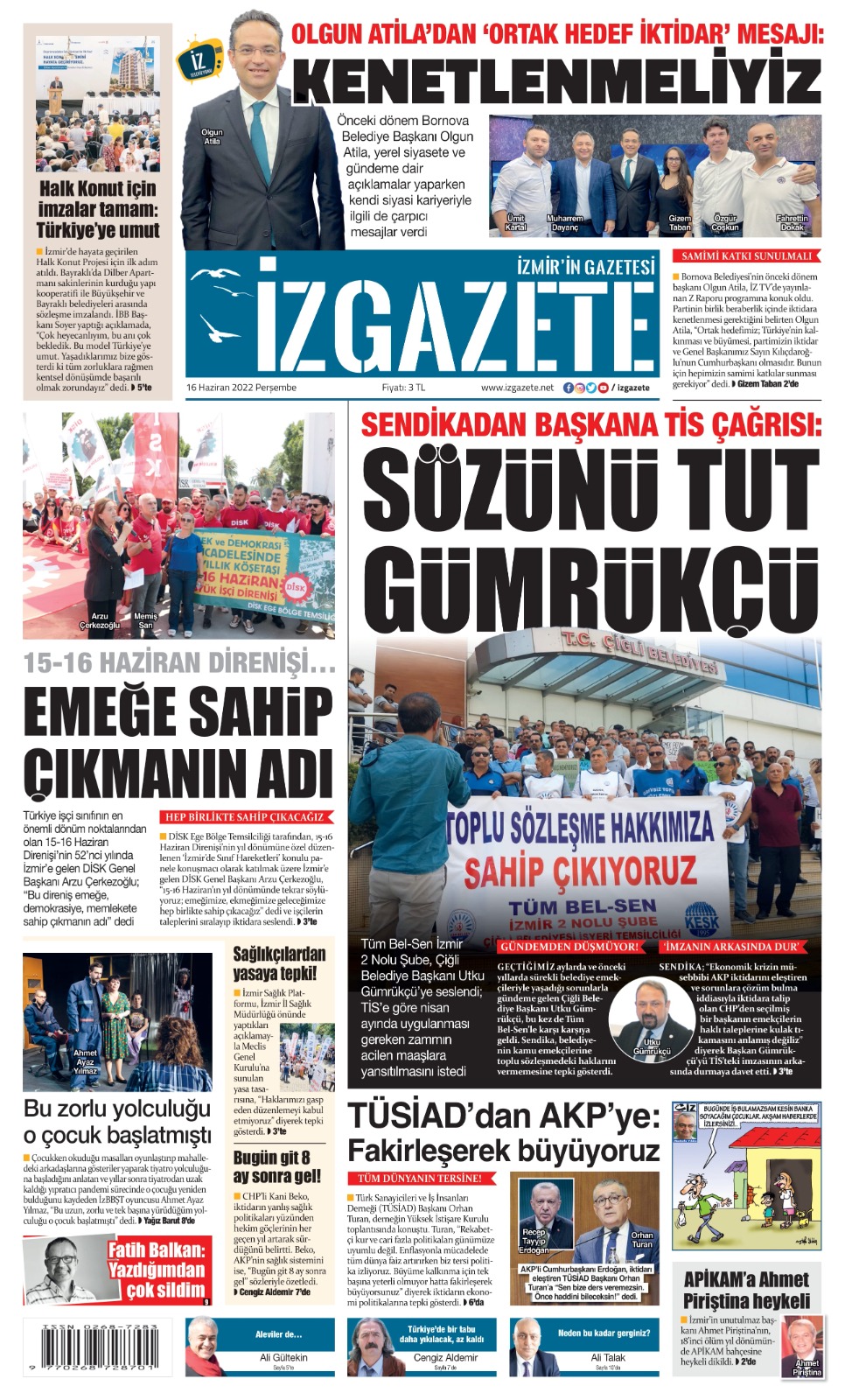 İz Gazete - İzmir'in Gazetesi - 16.06.2022 Manşeti
