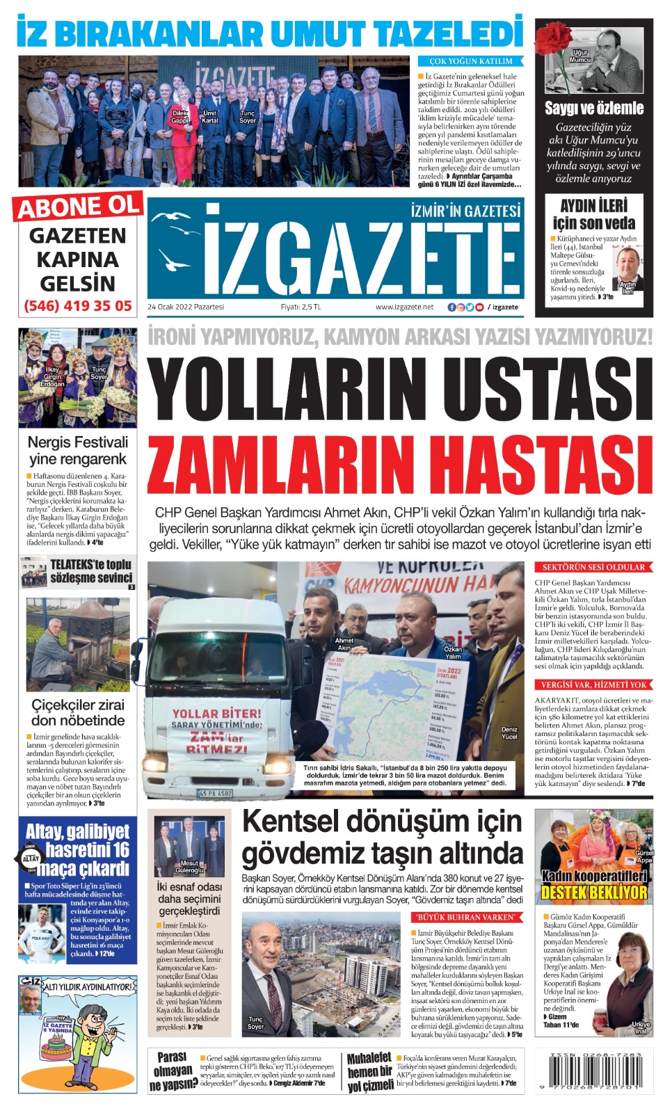 İz Gazete - İzmir'in Gazetesi - 24.01.2022 Manşeti